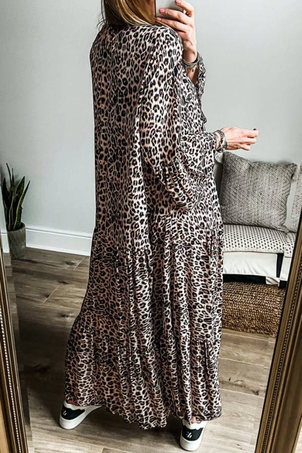 Avery Premium Apricot Tiered Leopard Print Maxi Dress with Wide Sleeves Chic Silhouette Collection