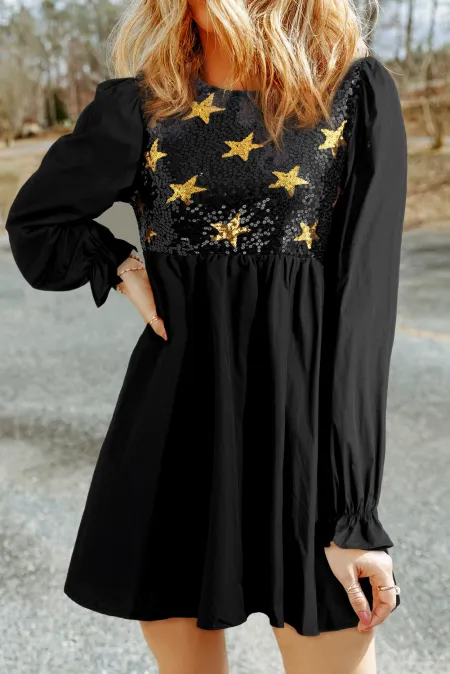 Ana Chic Sequin Star Mini Dress with a Round Neckline and Flounced Sleeves Elevated Occasion Wear