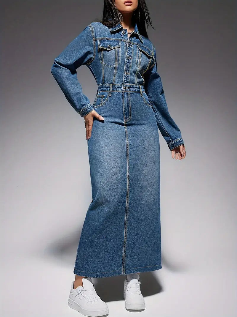 Zola Statement Long Sleeved Denim Maxi Dress Chic Silhouette Collection