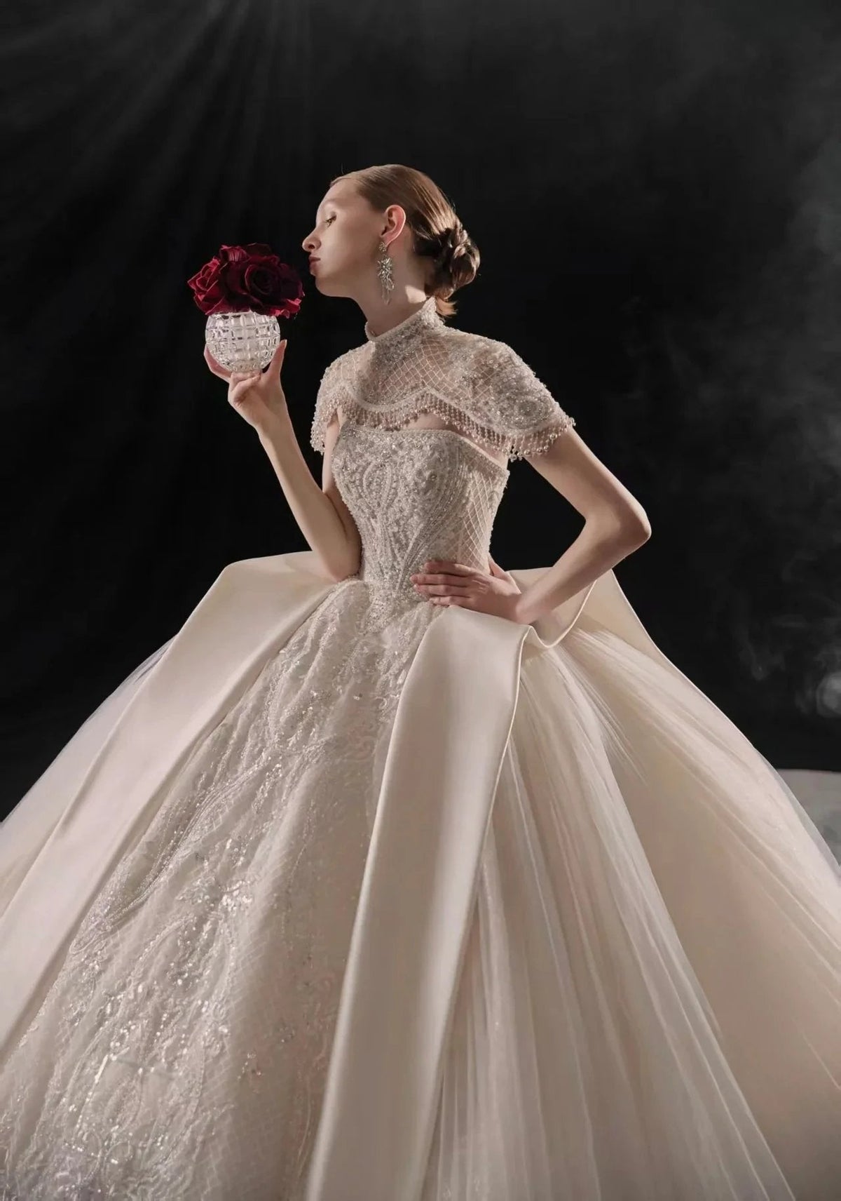 Regal High-Neck Ball Gown Beaded Mesh Capelet Satin Panel Wedding Dress with Embroidered Train (ZD16902)