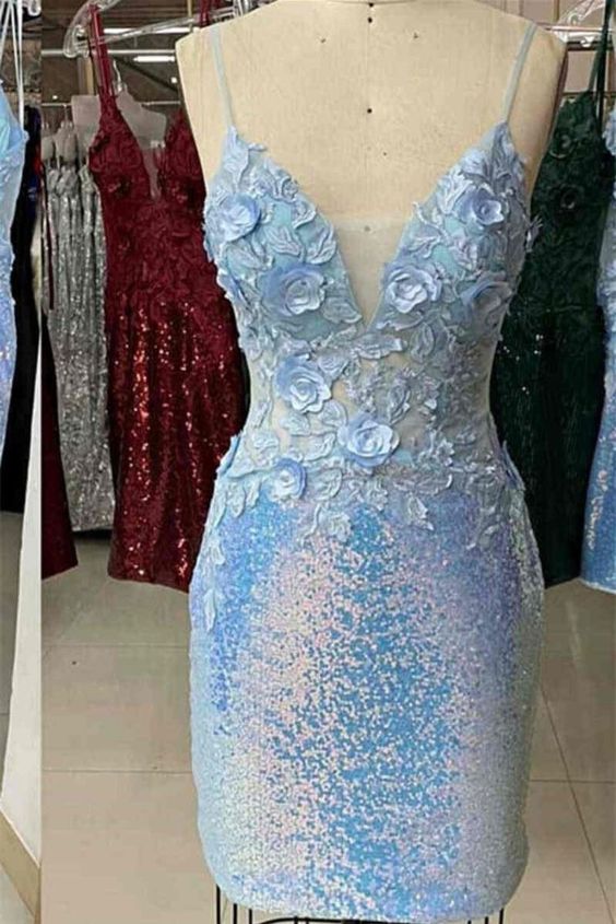 Light Blue Floral Tight Homecoming Dress - VelvetHem