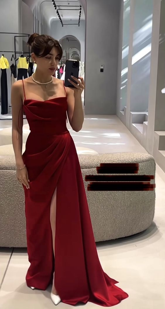 Burgundy Straps Mermaid Slit Prom Dresses Formal Evening Dress Y7458 - VelvetHem