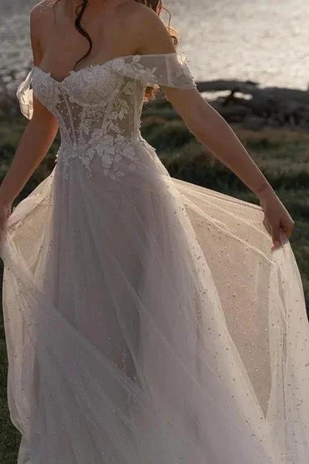 Fabulous A-Line Lace Off-The-Shoulder Sleeveless White Wedding Dress With Ruffles (ZD15530)