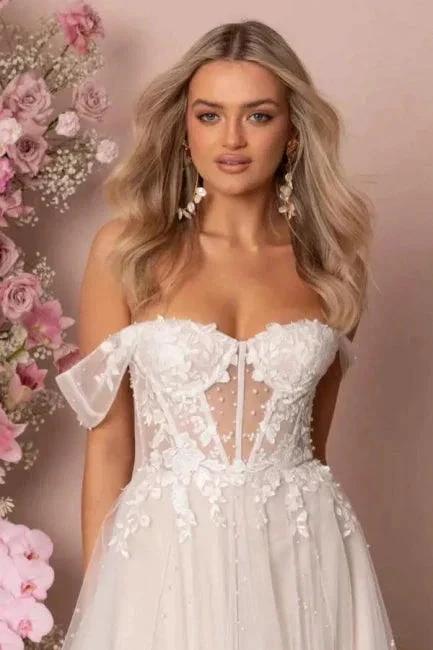 Fabulous A-Line Lace Off-The-Shoulder Sleeveless White Wedding Dress With Ruffles (ZD15530)