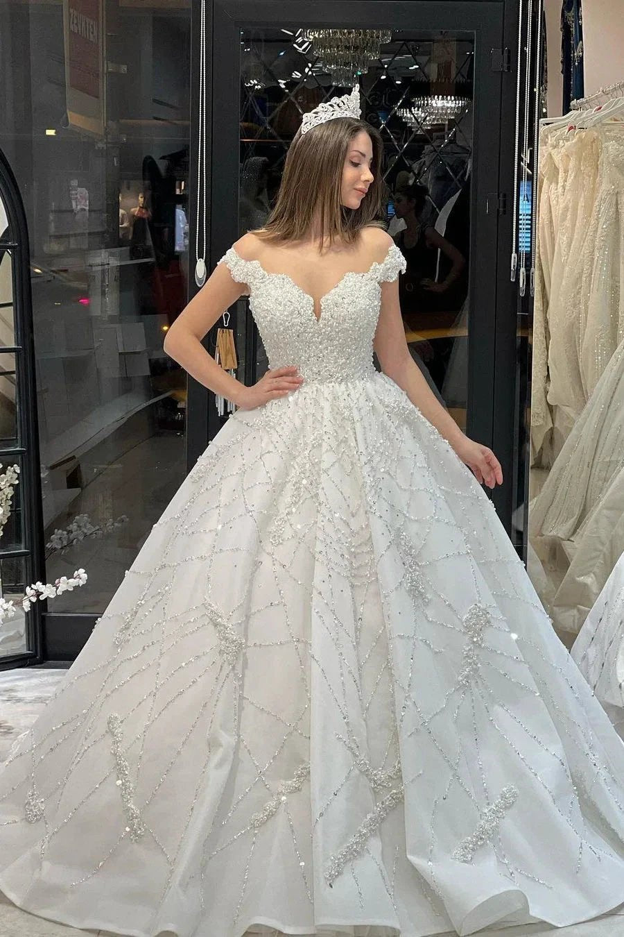 Fabulous Floor Length Sweetheart Off-The-Shoulder A-Line Sequined Wedding Dress with Ruffles (ZD14789)