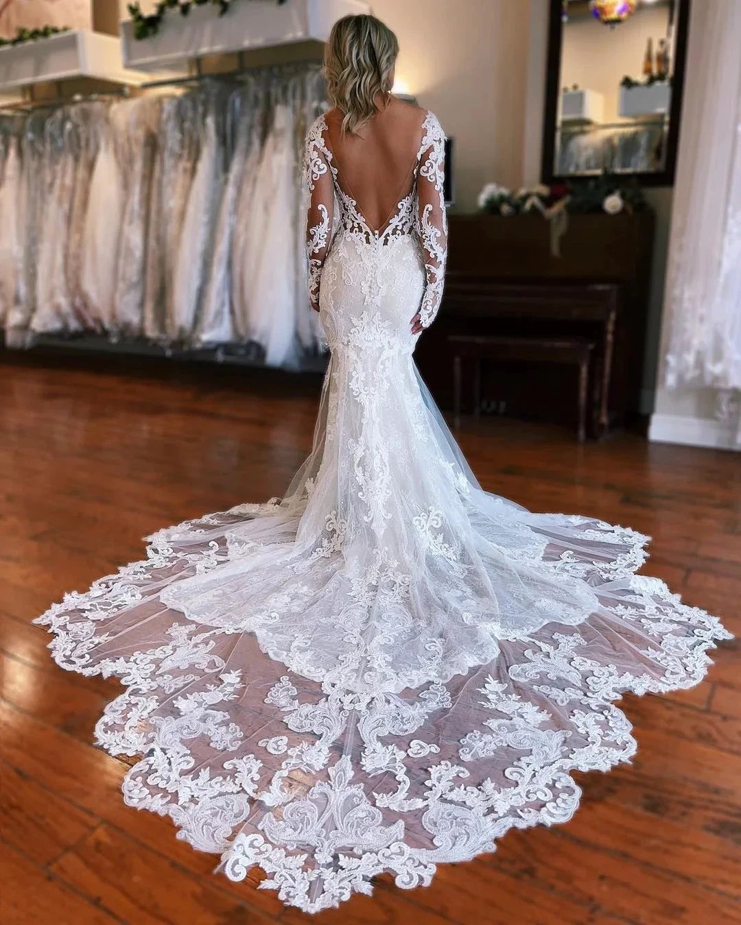 Fabulous Long Mermaid Backless V-neck Lace Wedding Dress With Detachable Train (ZD15692)