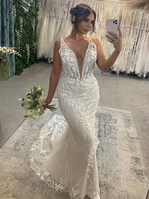 Thin Strap Plunge V Full Botanical Lace Fitted Silhouette Wedding Dress