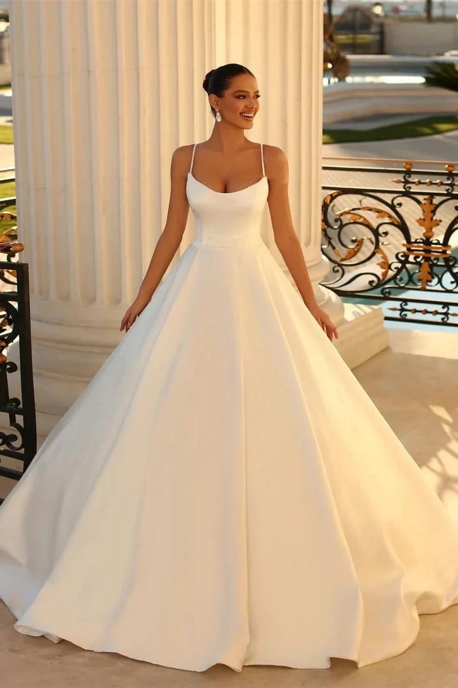 Fabulous Long White A-line Spaghetti Straps Satin Wedding Dress (ZD14815)