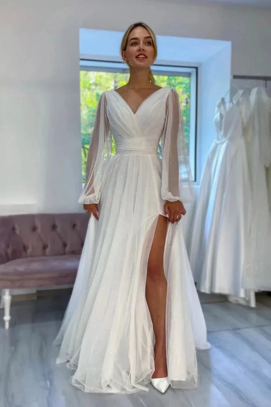 Fabulous Long White A-line V-neck Long Sleeves Glitter Wedding Dress With Slit (ZD14812)