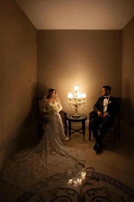 Fabulous Off-the-shoulder Long-Sleeve Mermaid Floor-Length Lace Wedding Dresses with Chapel Train (ZD14668)