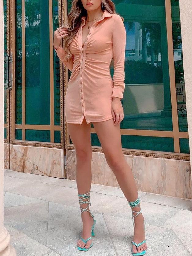 Pleated V neck Long sleeved Bodycon Dress