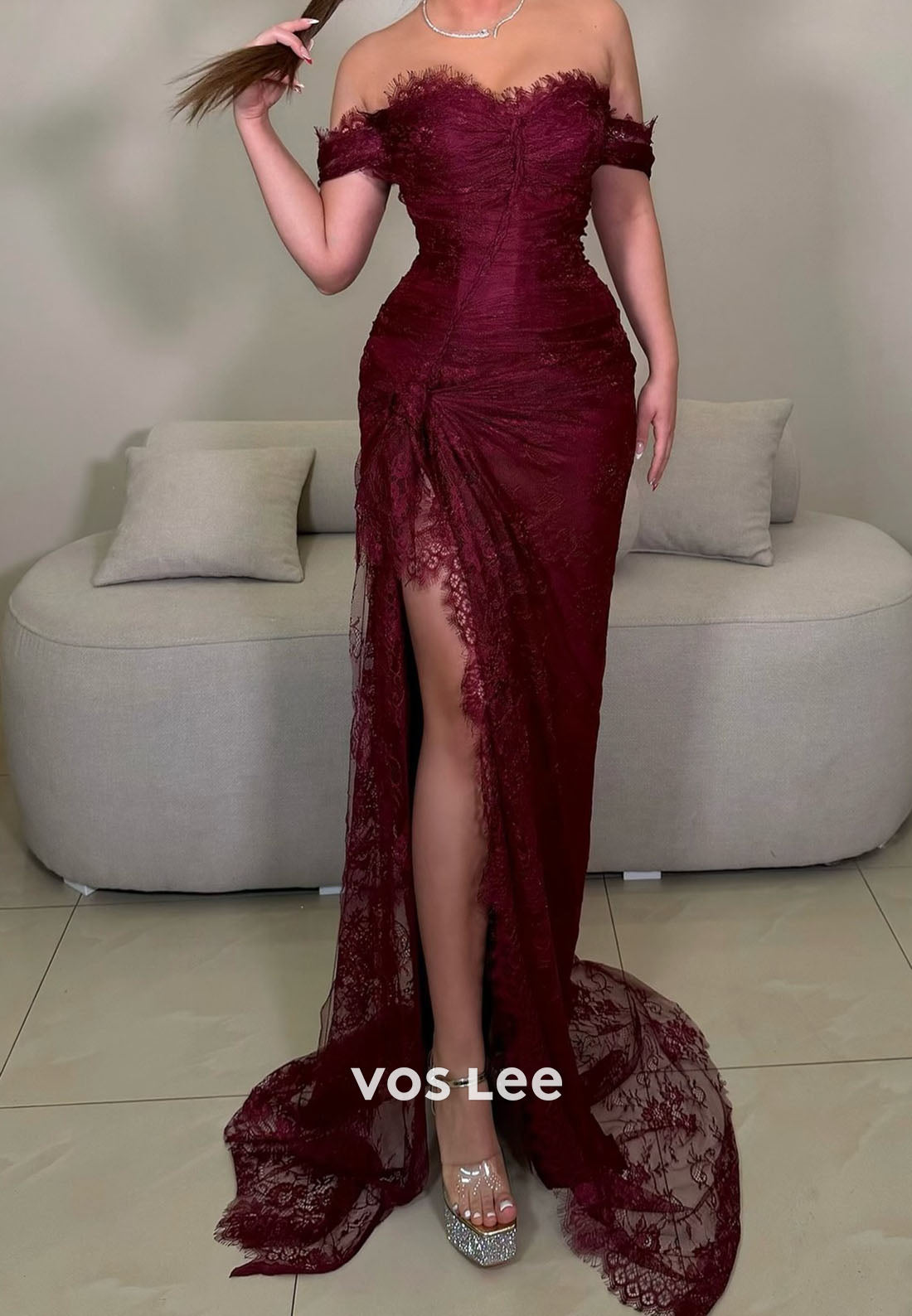 Off-Shoulder Lace Mermaid Prom Dress Pleated High Slit Party Gowns