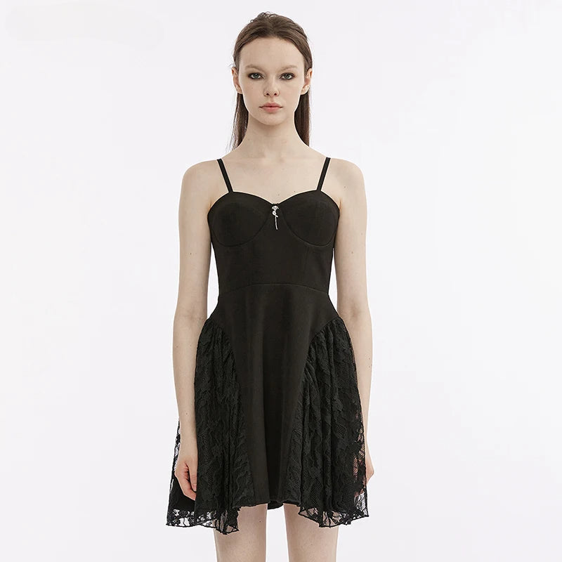 Splicing Gauze Party Club Brushed Lace Black Metal Summer Gothic Dress - VelvetHem