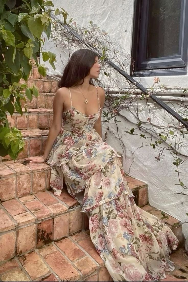 Vintage Print Floral Evening Dress A Line Layered Ruffles Prom Party Dress - VelvetHem