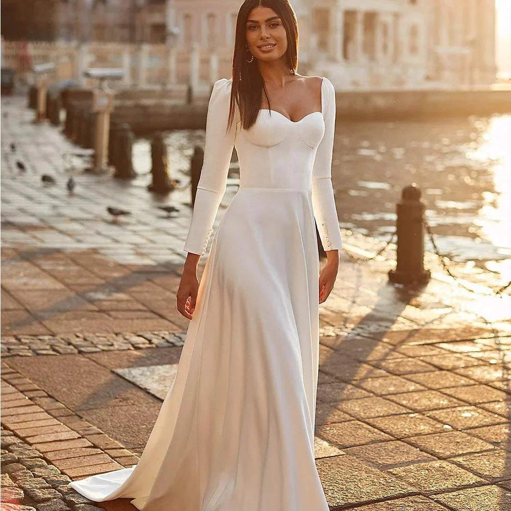 Satin Wedding Dresses For Bride With Long Sleeves Simple Sexy Bridal Gowns Sweetheart A Line Button Robe De Mariee (ZD13485)