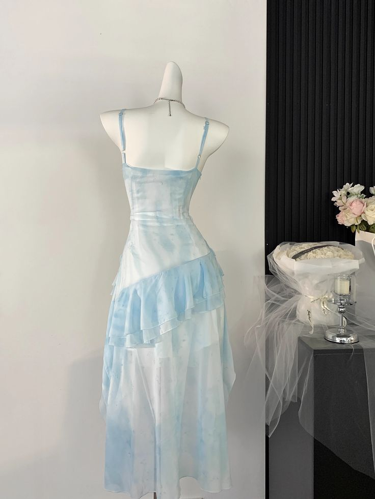 Beautiful High Low Spaghetti Straps Ice Blue Ombre Chiffon Prom Dress Party Dress - View 3 | VelvetHem