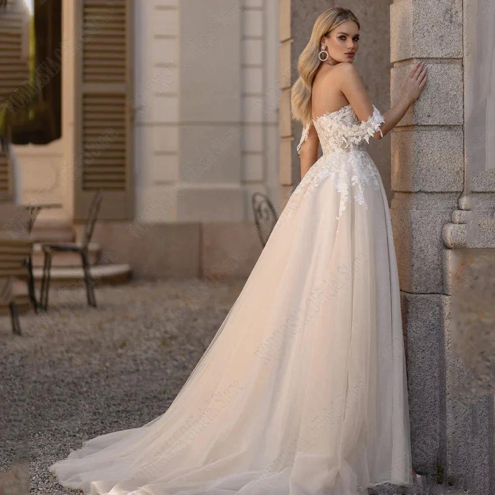 Light Champagne Pastrol Wedding Dresses Off Shoulder Sweetheart Bride Gowns Side Split A-Line Tulle Vestido De Novia (ZD13391)