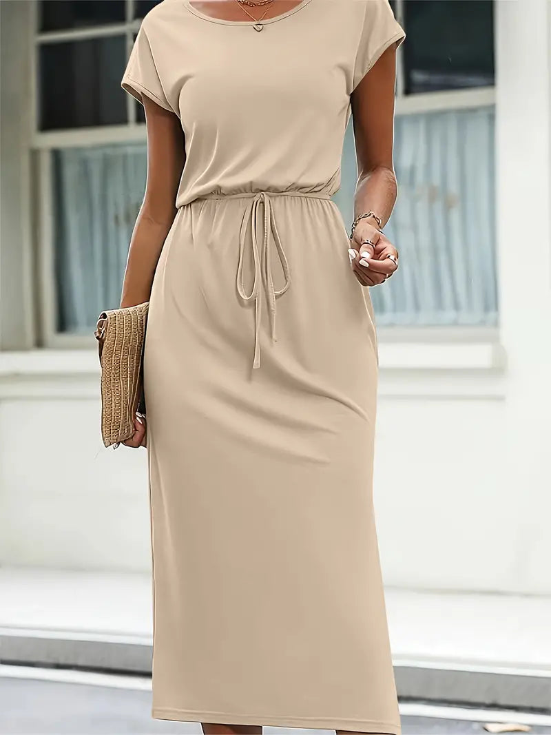 Hazel Luxe Casual Short Sleeved Round Neck Dress with Self Tie Belt Boutique Collection