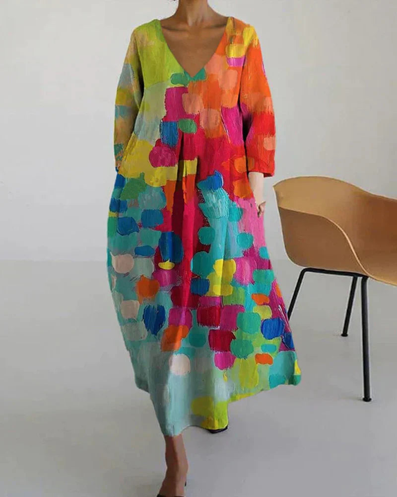 Deméter Colorful Printed V-neck Dress for Women Minimalist Chic Style