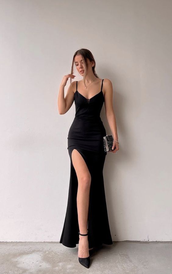 Spaghetti Straps Black Mermaid Long Evening Dress With High Split - View 2 | VelvetHem