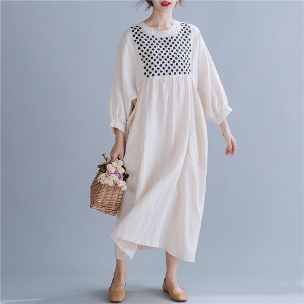 long sleeve cotton linen vintage print plus size women casual loose spring autumn dress
