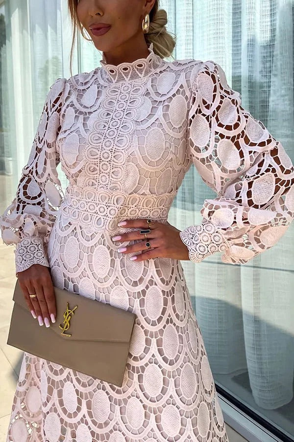 Francisca Premium Romantic, Sensual and Party Midi Dress with Crochet Lace and Lantern Sleeves Chic Silhouette Collection