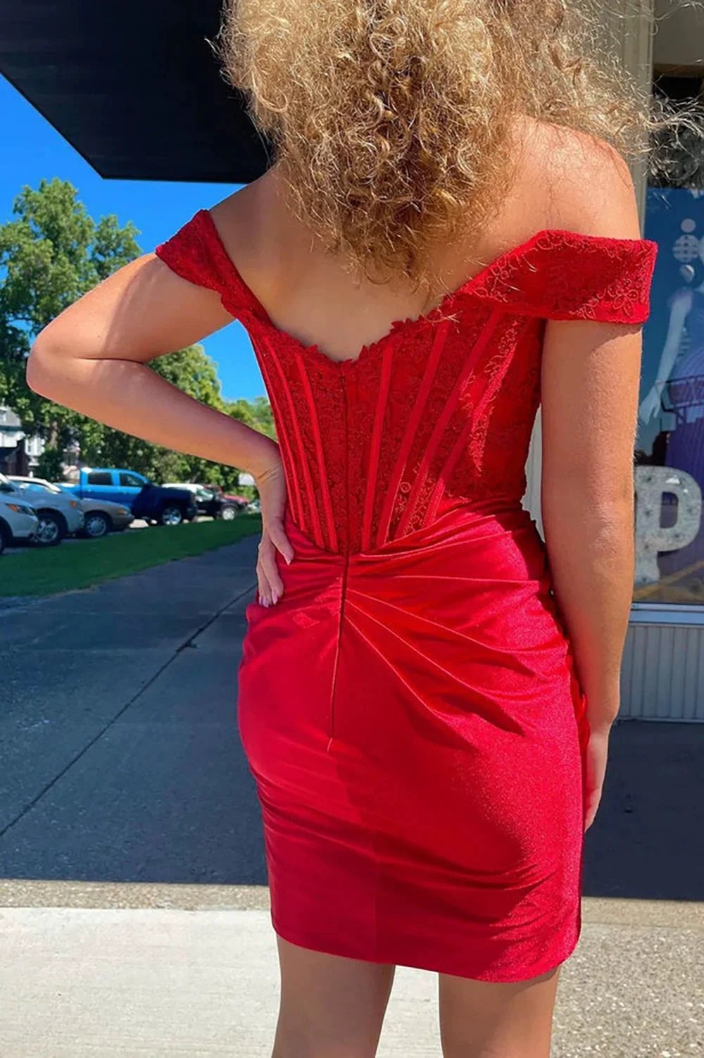Cute Red Off the Shoulder Satin Homecoming Dresses with Lace (ZD11432)
