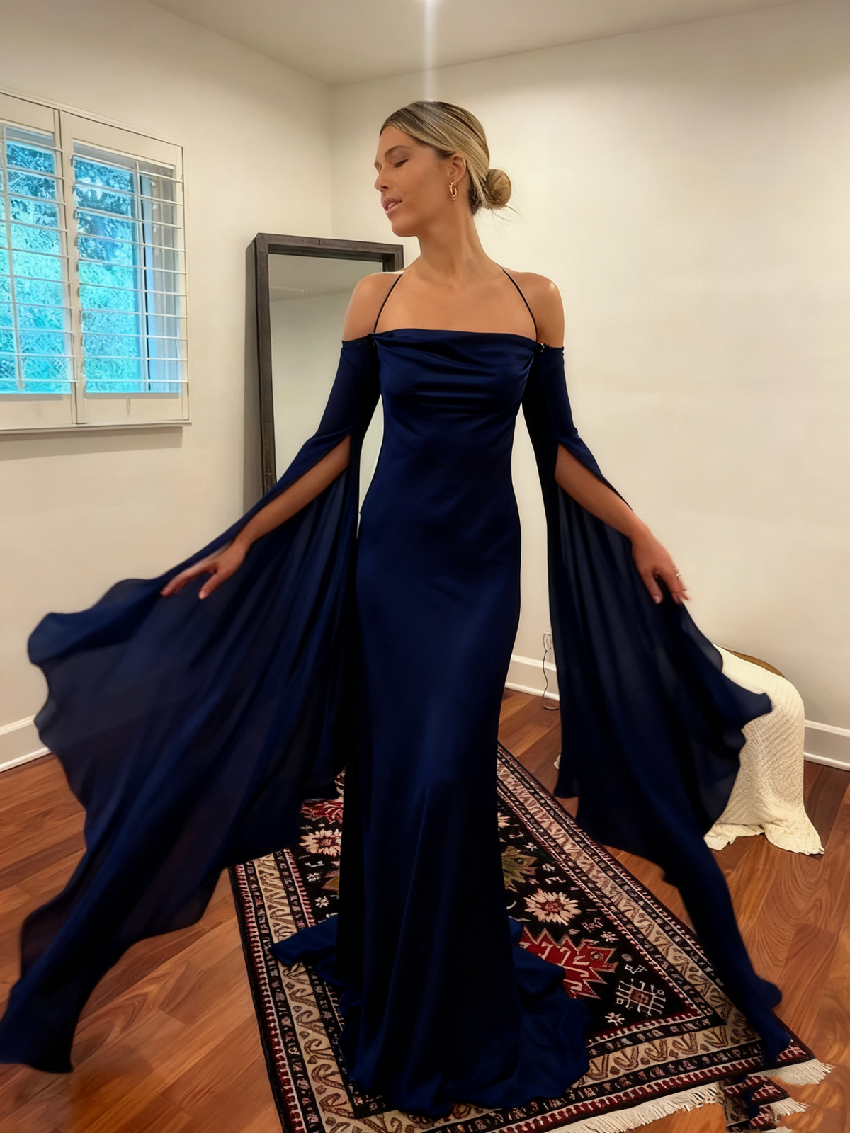 Wedding Dresses Soft Satin Long Floor Length Open Back Simple Bridal Gown With Detachable Flare Sleeves fg6409 - View 5 | VelvetHem