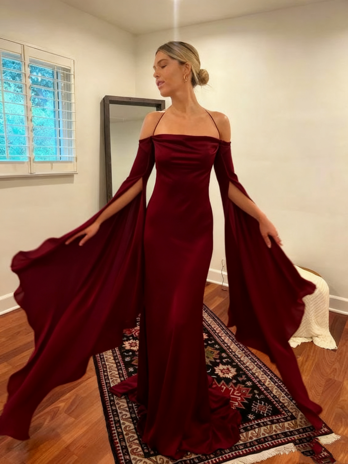 Wedding Dresses Soft Satin Long Floor Length Open Back Simple Bridal Gown With Detachable Flare Sleeves fg6409 - View 3 | VelvetHem