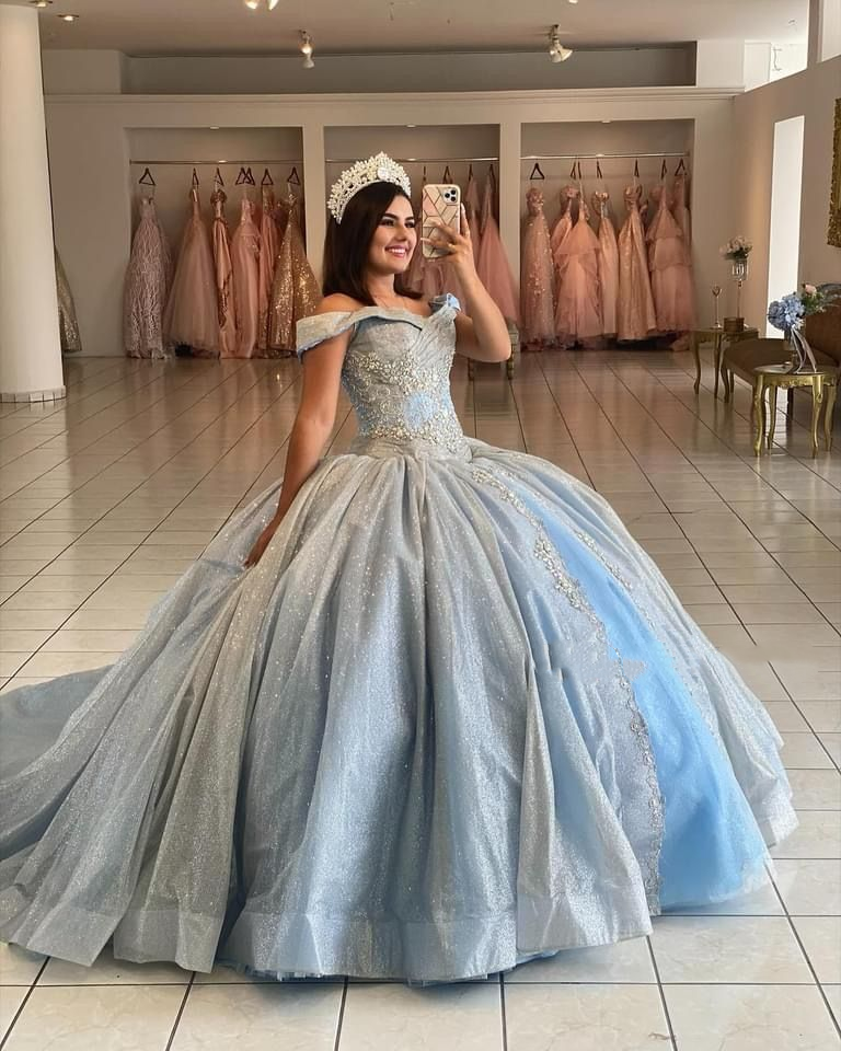 A Line Light Blue Off The Shoulder Quinceanera Dress Ball Gown fg6547 - View 3 | VelvetHem