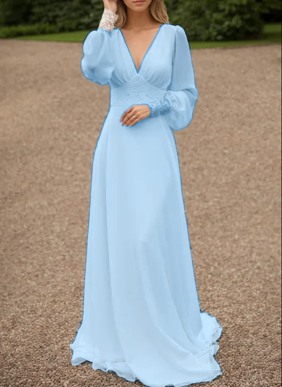 Ivory lace wedding dress, long-sleeve button back long train gown lace & chiffon Wedding Dresses     fg6636