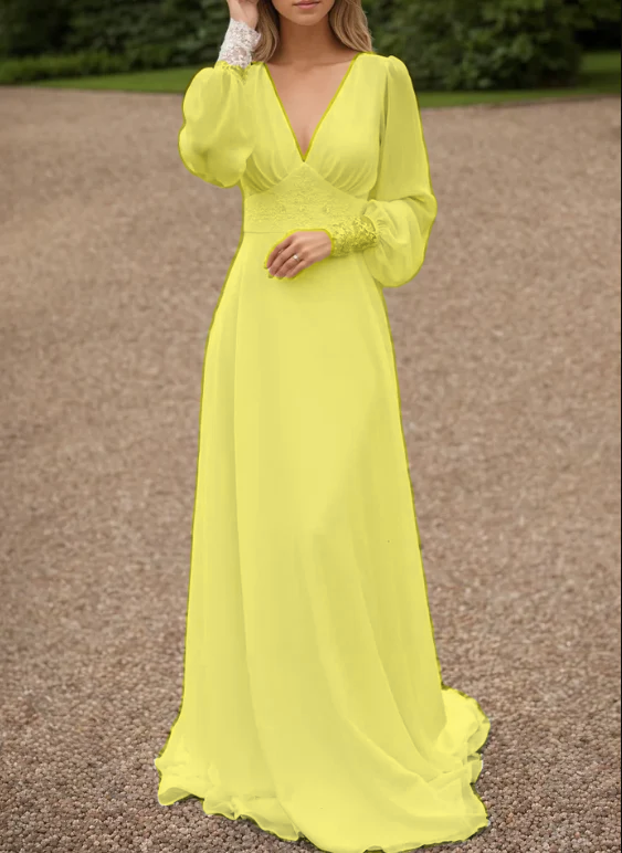 Ivory lace wedding dress, long-sleeve button back long train gown lace & chiffon Wedding Dresses     fg6636