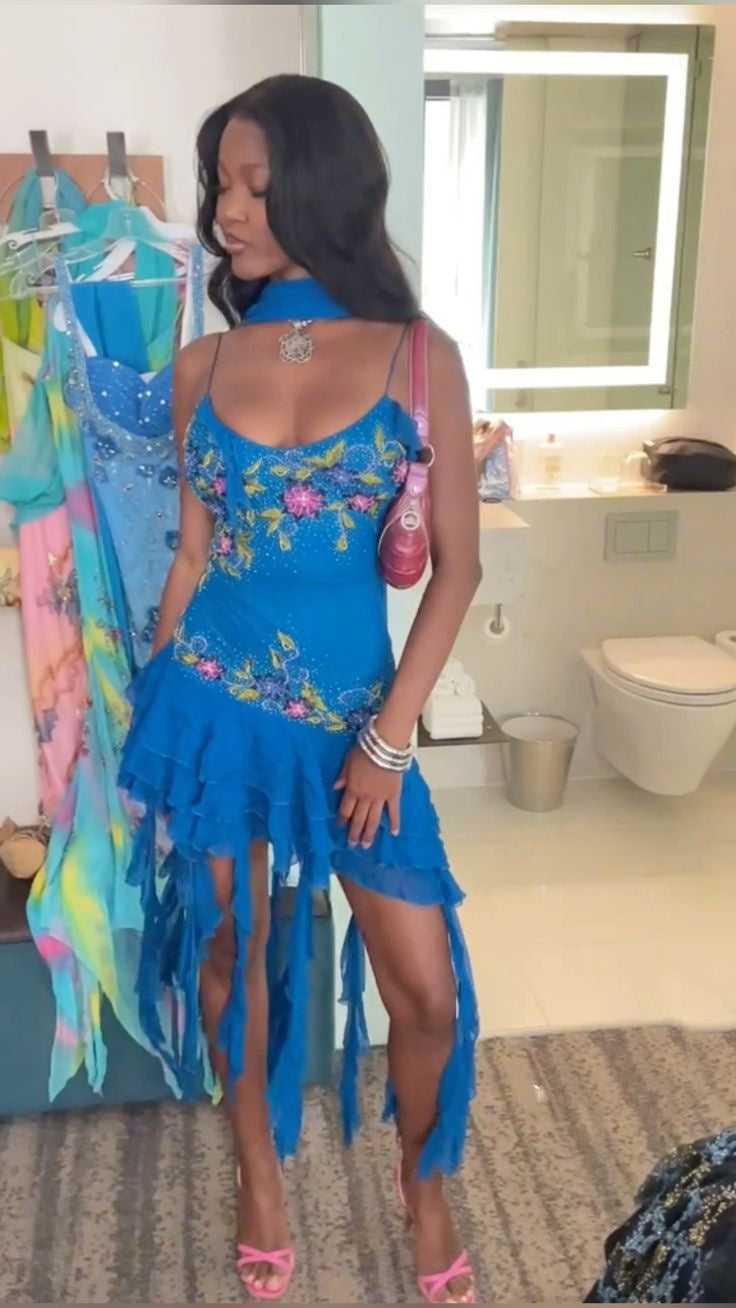 Blue Spaghetti Straps Short Prom Dress Blue Sexy Evening Dress     fg7276