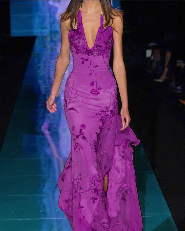 Mermaid Embroidered Long Prom Dress,Deep V Neck Evening Dress With Slit fg7305 - View 9 | VelvetHem