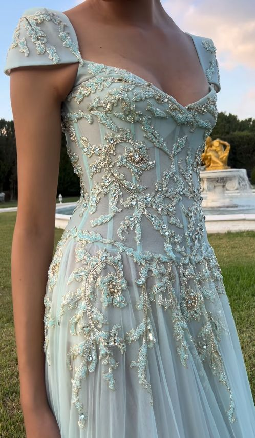 V Neck Tulle Beaded Prom Dress Classy Evening Dress Birthday Gown - View 3 | VelvetHem