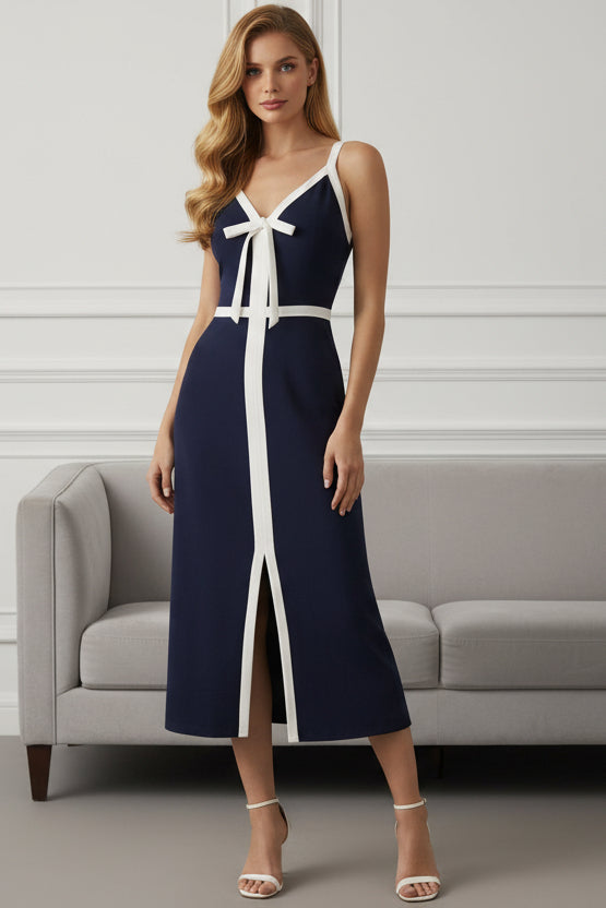 V Neck Contrast Bow Midi Dress