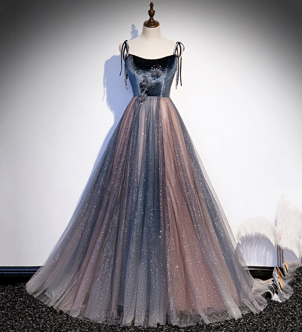 Blue tulle sequins long prom dress evening dress s80 - VelvetHem