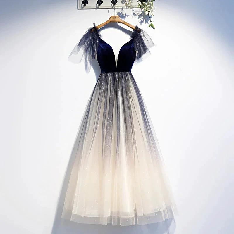 Blue v neck velvet top tulle short homecoming dress s98 (ZD12612) - VelvetHem