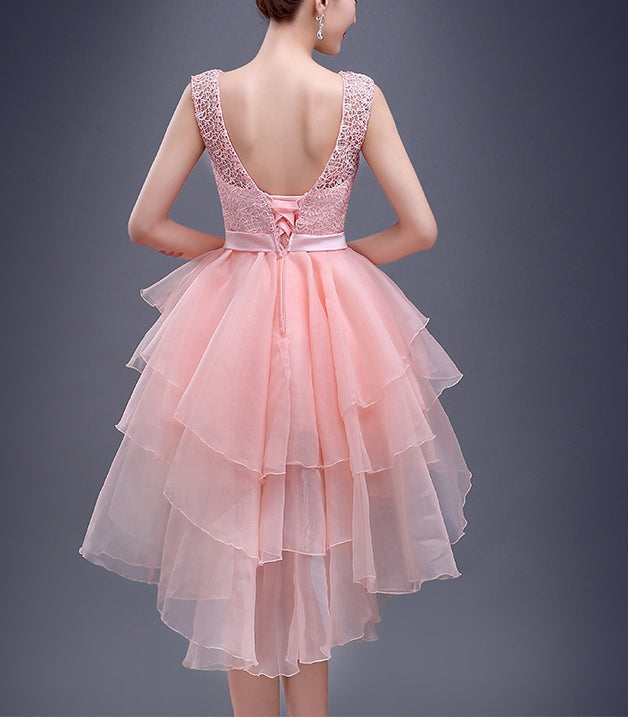 Charming A-line pink lace high-low short prom dress,homecoming dresses - View 2 | VelvetHem