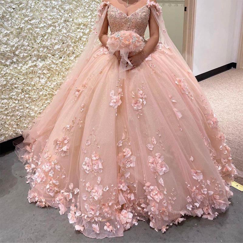 Pink Ball Gown With 3D Flowers Sweet 16 Dress Romantic Pink Embroidery Cape Ball Gown 3D Floral Beaded Long Sweet Frill Dress - View 2 | VelvetHem