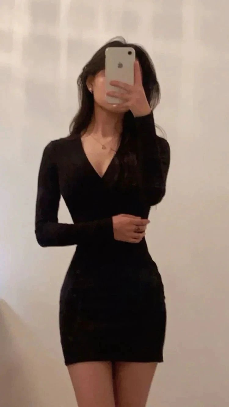 Black V Neck Dress Sexy Black Homecoming Dress Long Sleeves Party Dress (ZD12400)