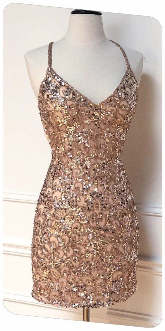 Tight Sparkle V Neck Sequins Party Dress Sexy Homecoming Dress Y1419 by simplepromdress