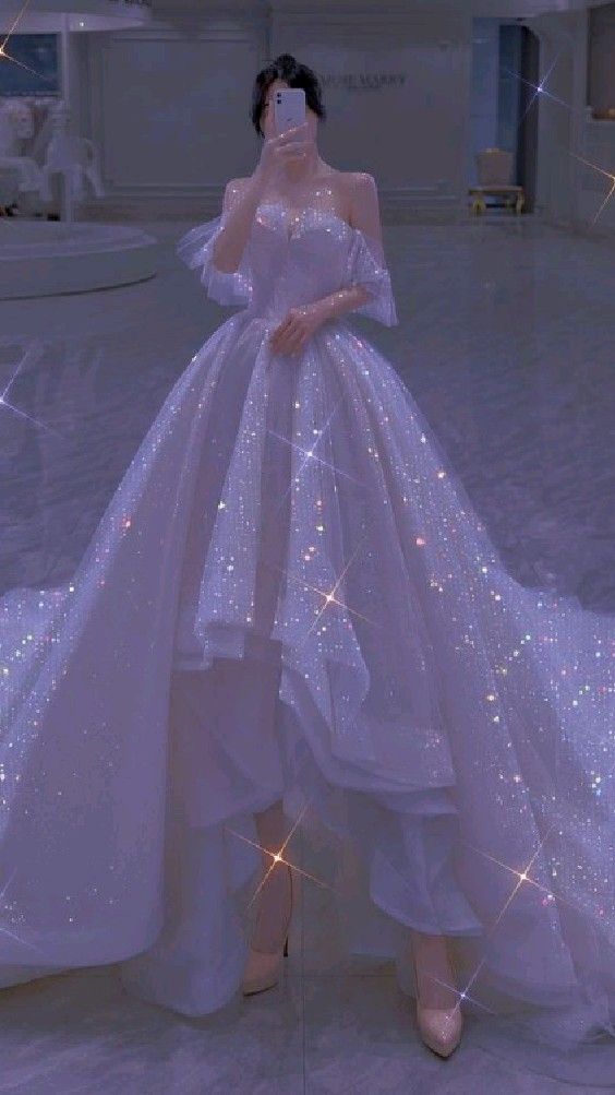 White Glitter Hi-low Prom Dress Off The Shoulder Wedding Dress With Long Train - View 2 | VelvetHem