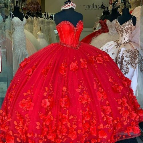 Red Quinceanera Dresses 3D Flowers Princess Corset Back Princess Prom Sweet 16 - View 2 | VelvetHem