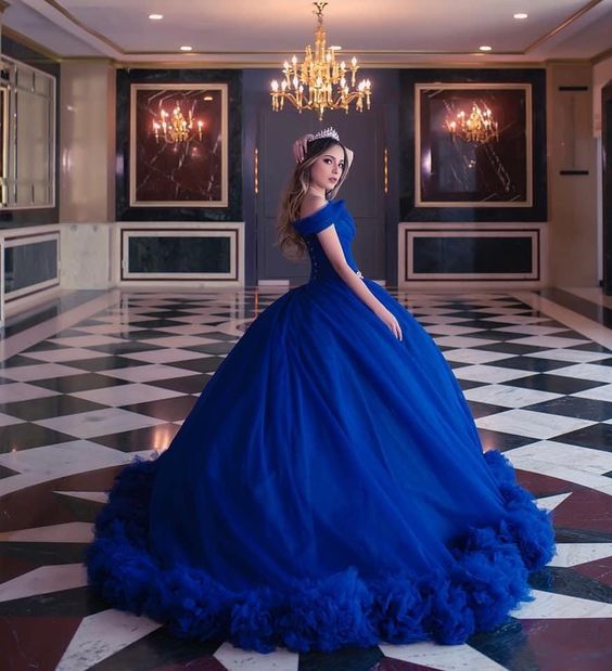 Off Shoulder Ball Gown Women Royal Blue Ruffle Princess Sweet 16 Dress cc72 - VelvetHem