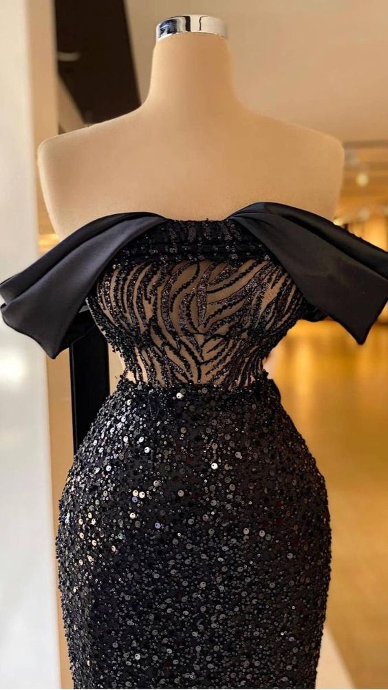 Off Shoulder Glitter Black Evening Dress Sleeveless Glitter Long Mermaid Evening Dress cc77 - VelvetHem