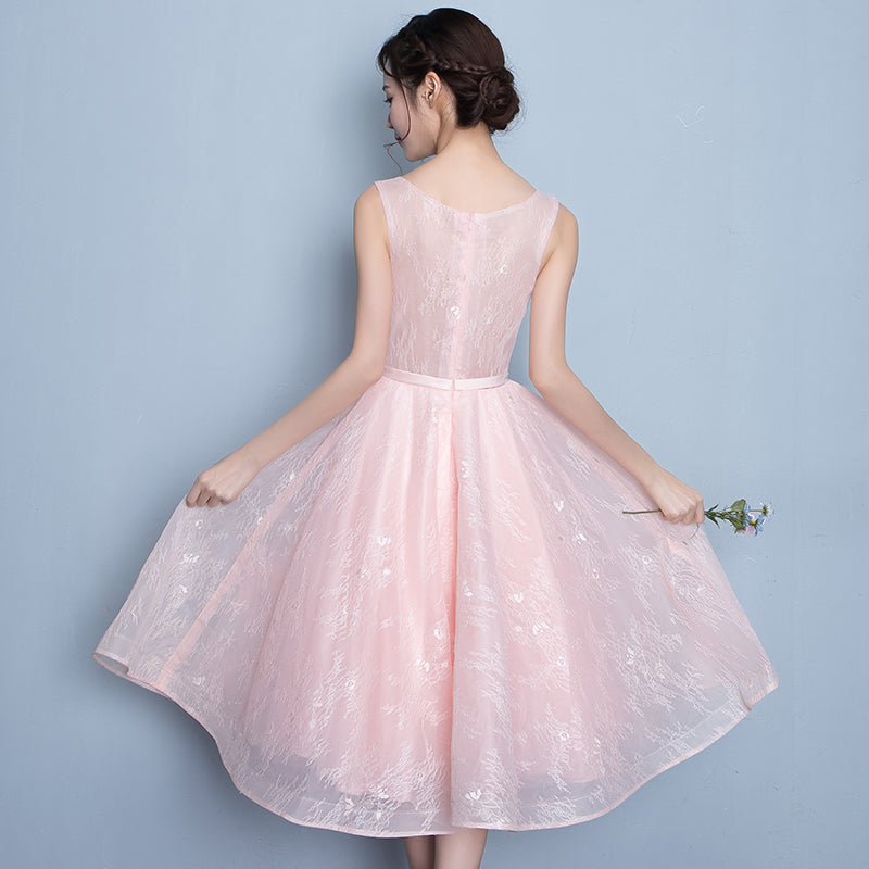 Pink round neck lace party dress, lace homecoming dress