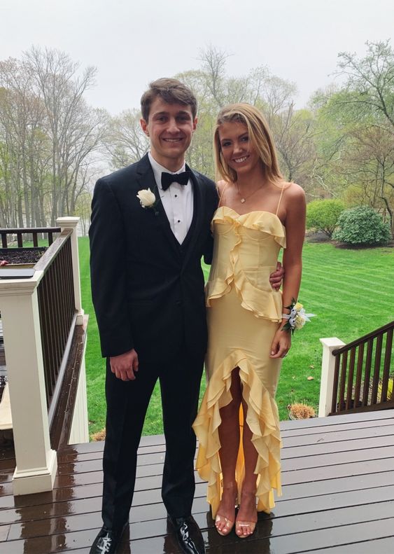 Yellow Satin Long Prom Dress With Ruffles Mermaid Evening Dress - VelvetHem