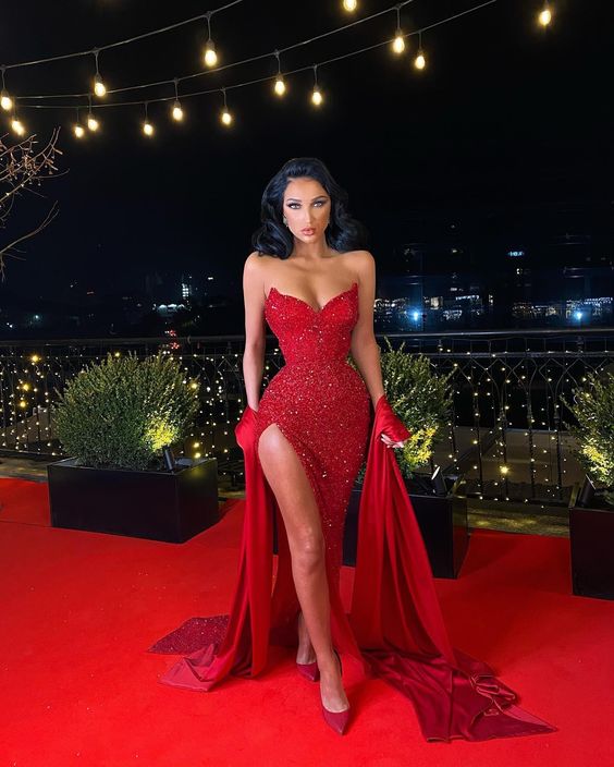 Red Sequins Mermaid Prom Dress Shiny Evening Dress With Side Slit - VelvetHem