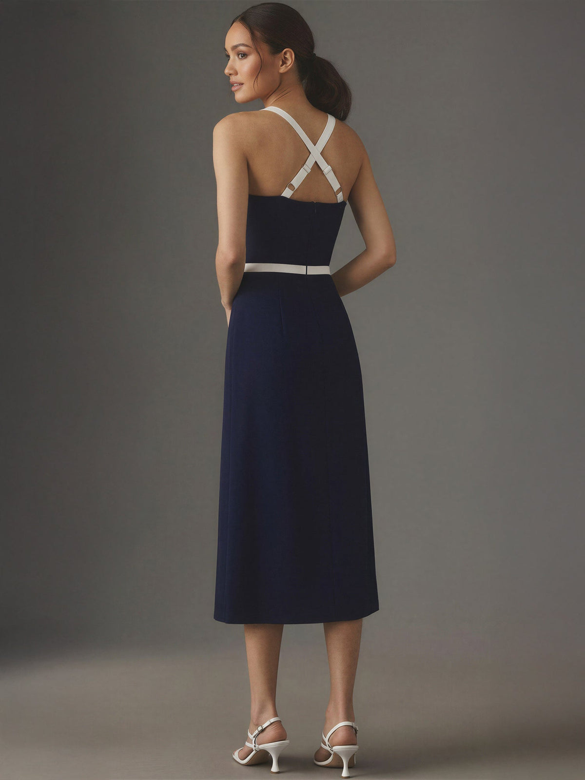 V Neck Contrast Bow Midi Dress